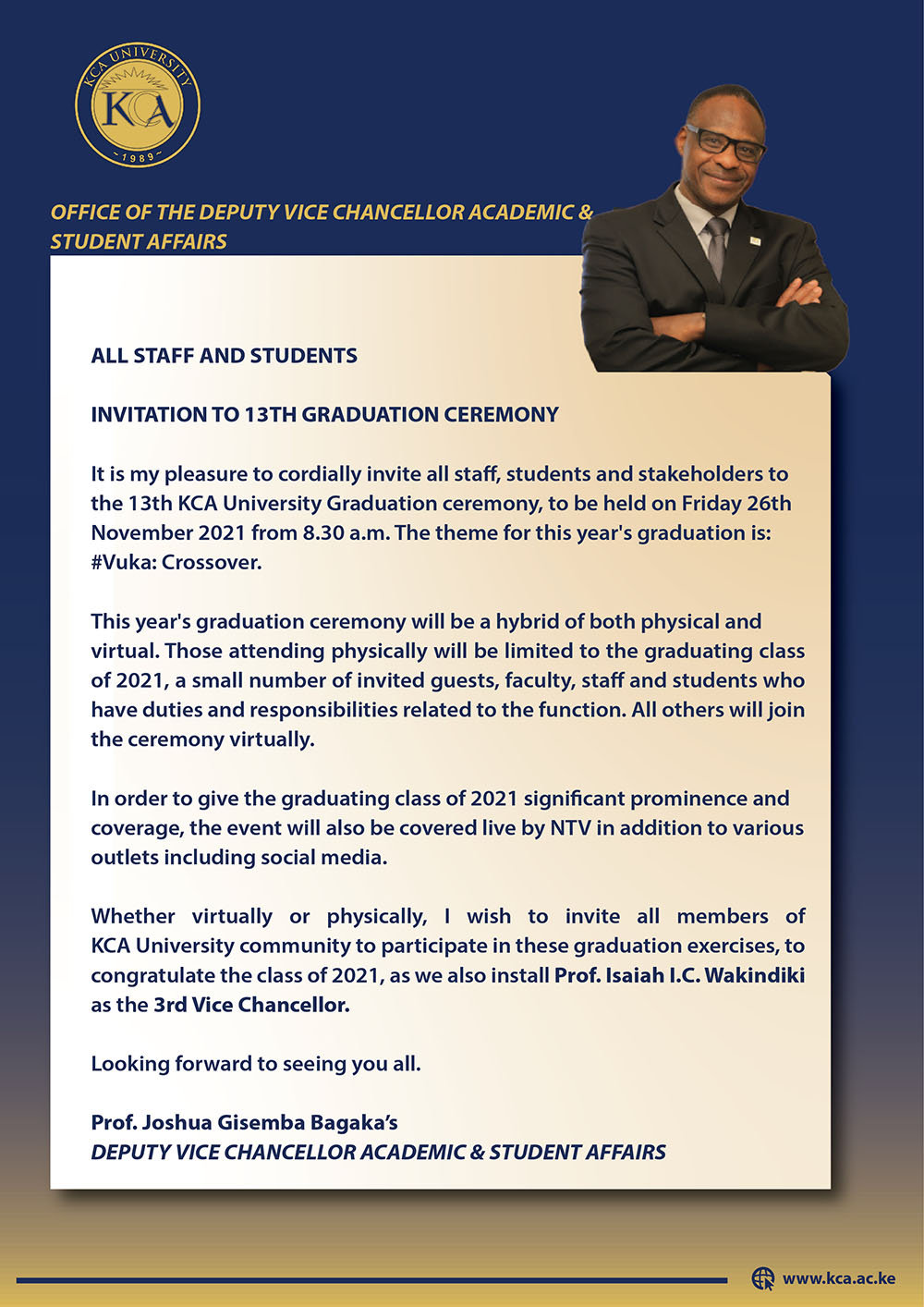 Invitation to the 13th Graduation Ceremony & Installation of the 3rd Vice Chancellor & CEO